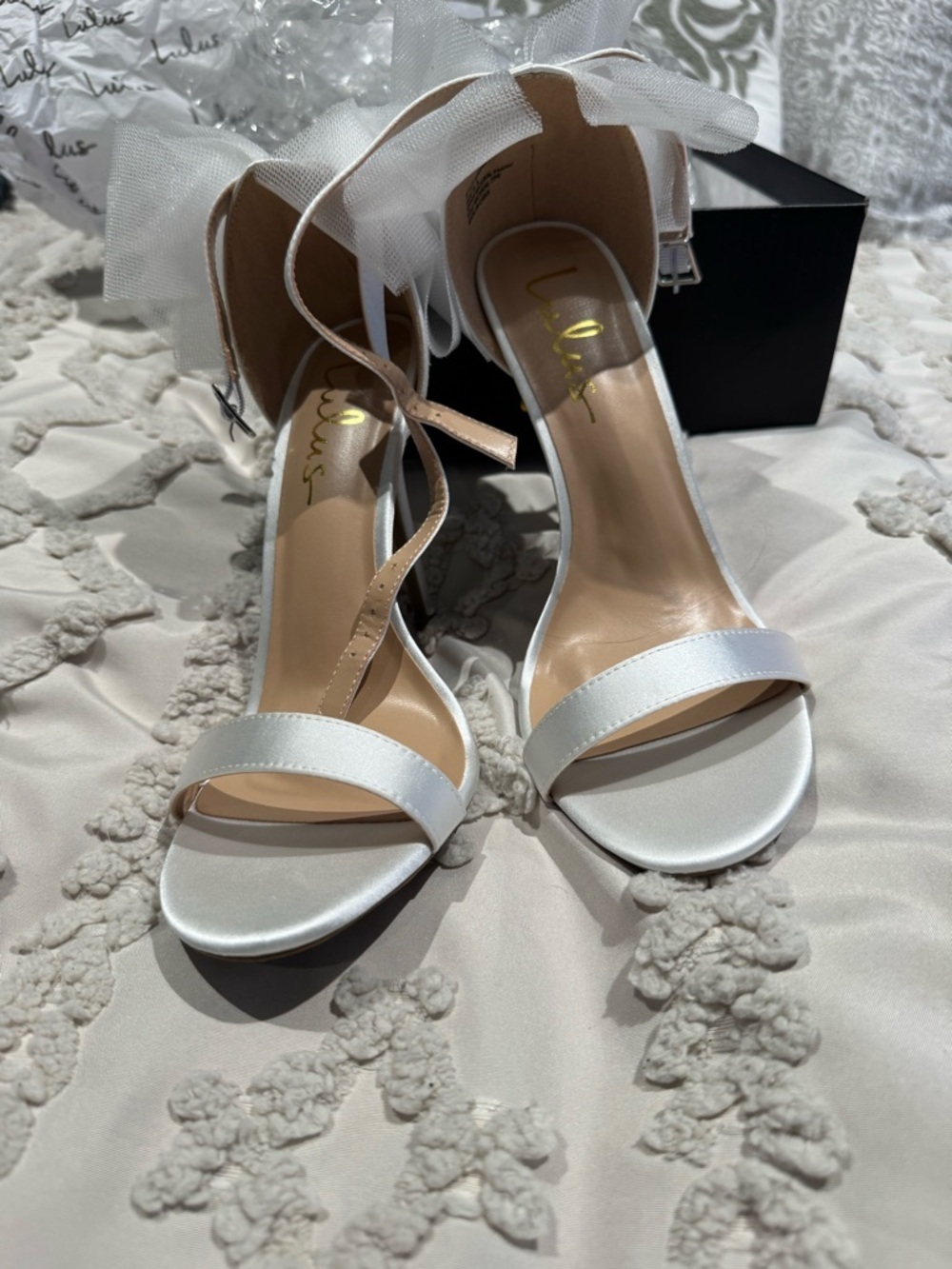 Lulu's White Satin Ankle-Tie Heels with Ribbon Bows
